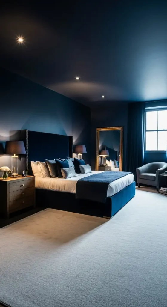 Blue bedroom featuring deep navy walls