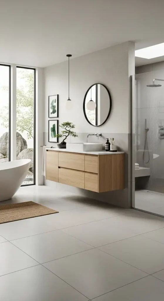 Floating Vanity with a Light Wood Finish